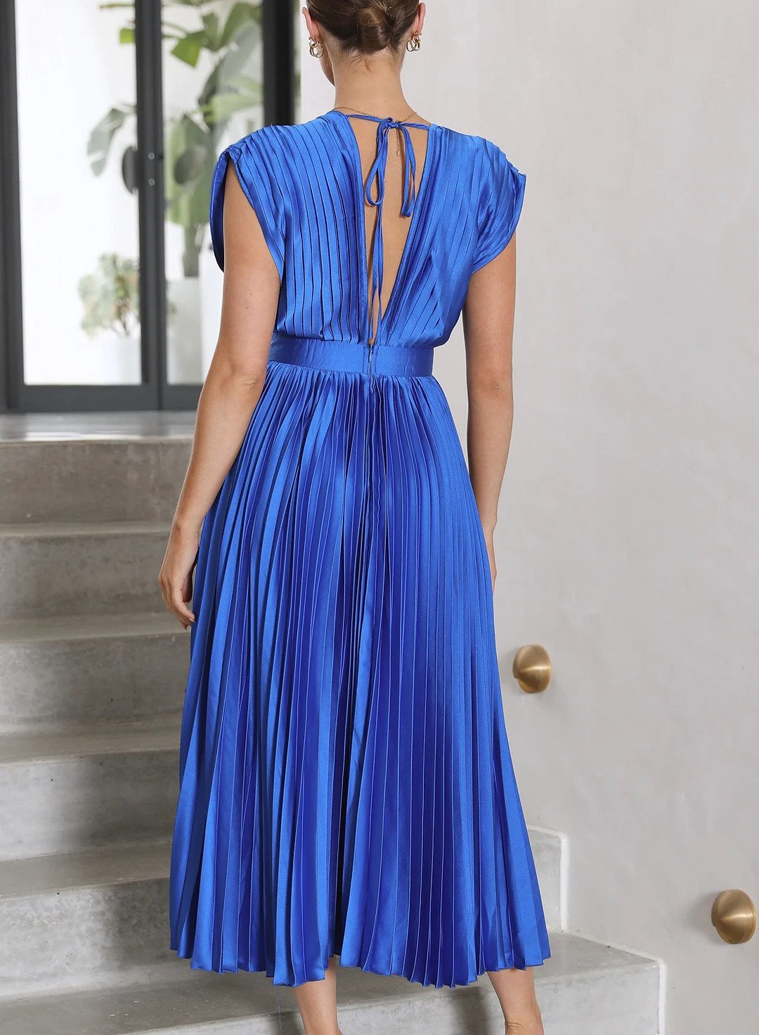 Vesper | Damen Solide Farbe Kurzarm Maxikleid