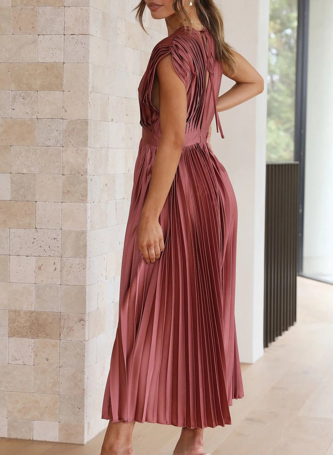 Vesper | Damen Solide Farbe Kurzarm Maxikleid