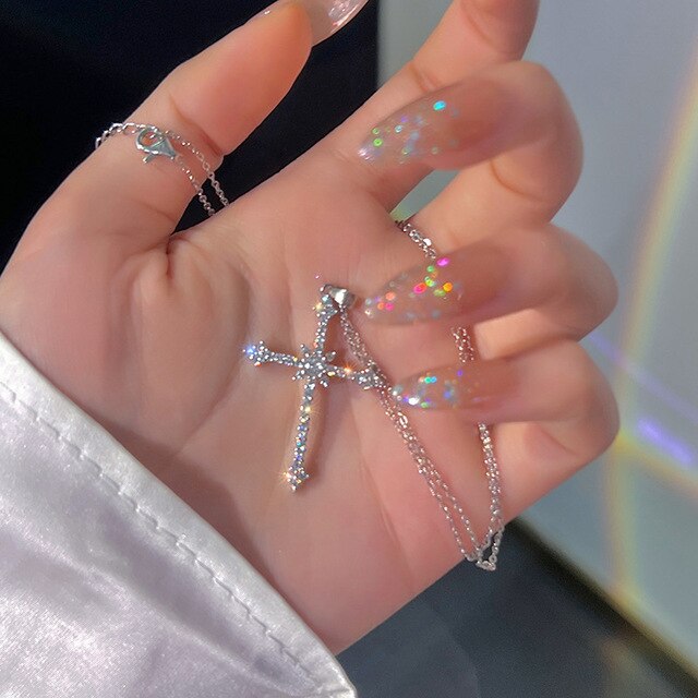 Lily | Luxus Sterling Silber Kreuz Halskette mit Funkelndem Anhänger