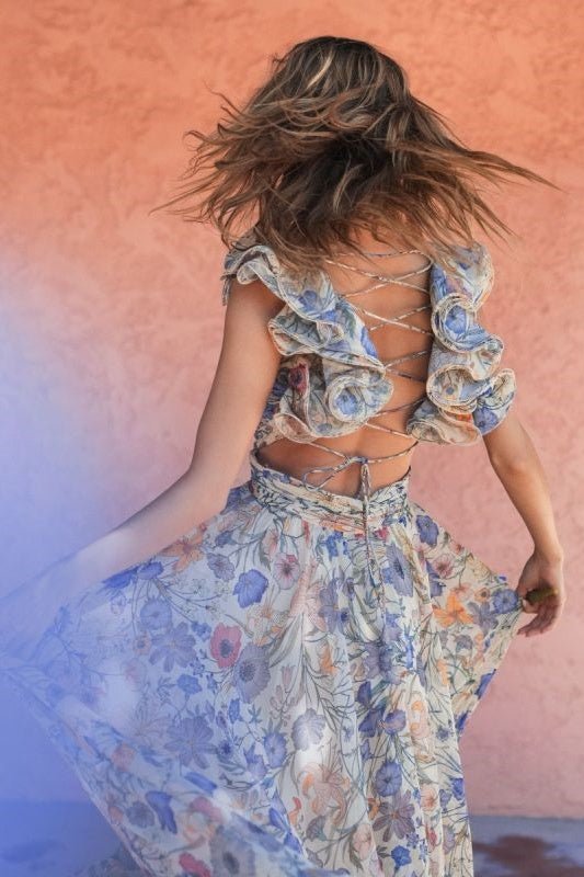 Vivienne | V-Ausschnitt Chiffon Maxikleid mit Blumendruck