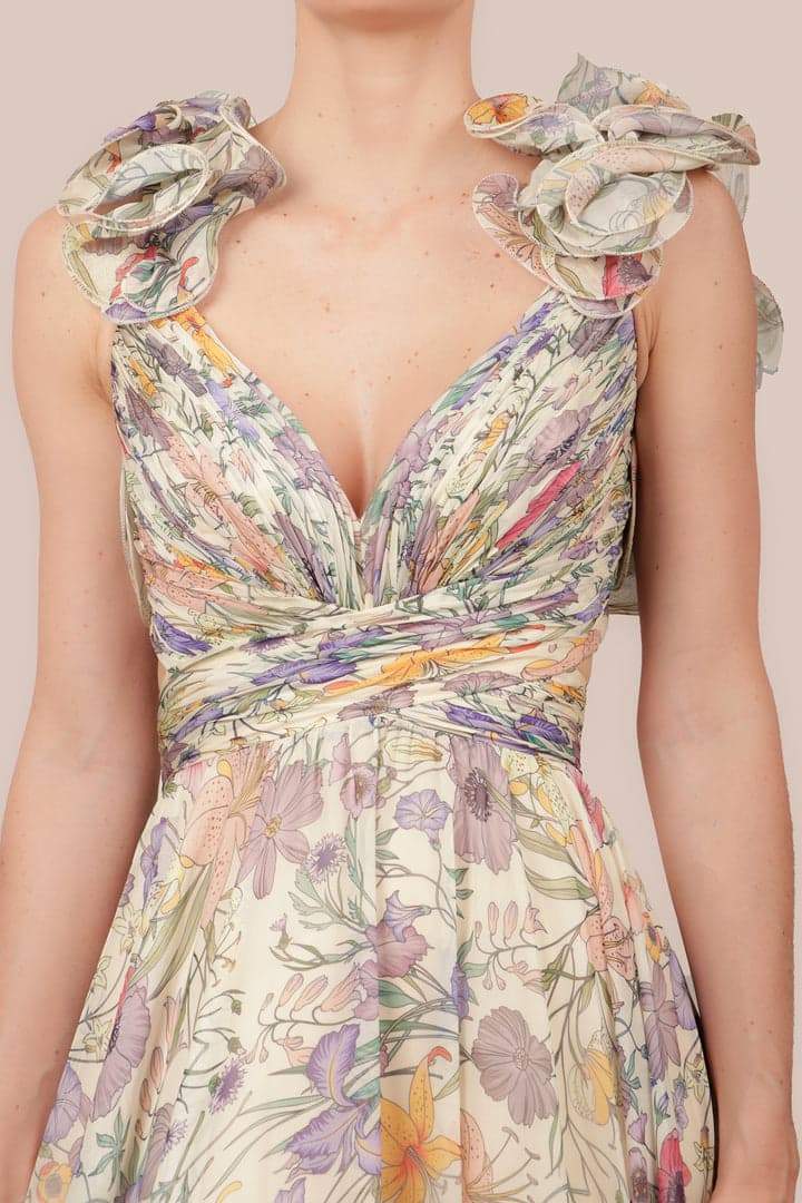 Vivienne | V-Ausschnitt Chiffon Maxikleid mit Blumendruck