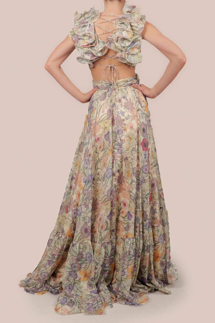 Vivienne | V-Ausschnitt Chiffon Maxikleid mit Blumendruck